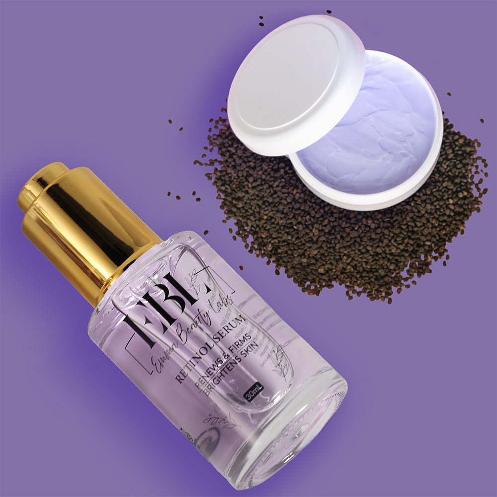 Bottle of retinol serum with bakuchiol seeds