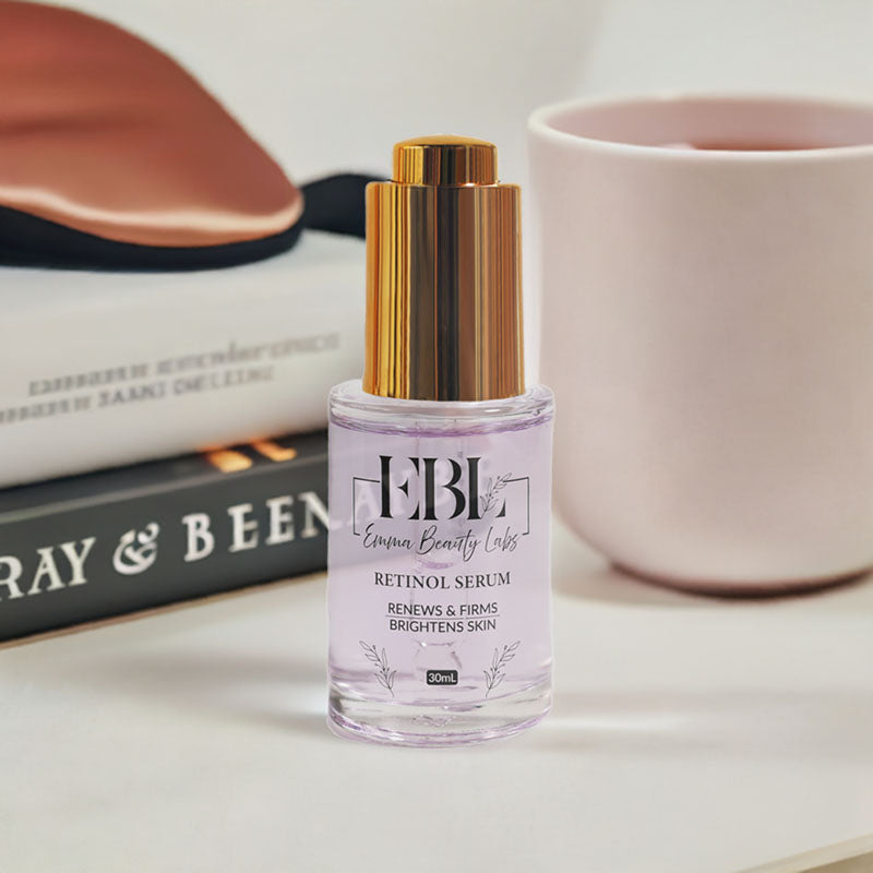 Retinol serum bottle with sleep mask and green tea