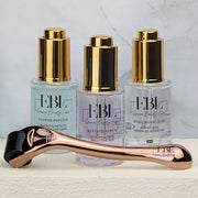 Three serum bundle with a microneedle dermaroller. There is Copper Peptide serum, retinol serum and hyaluronic Acid serum.