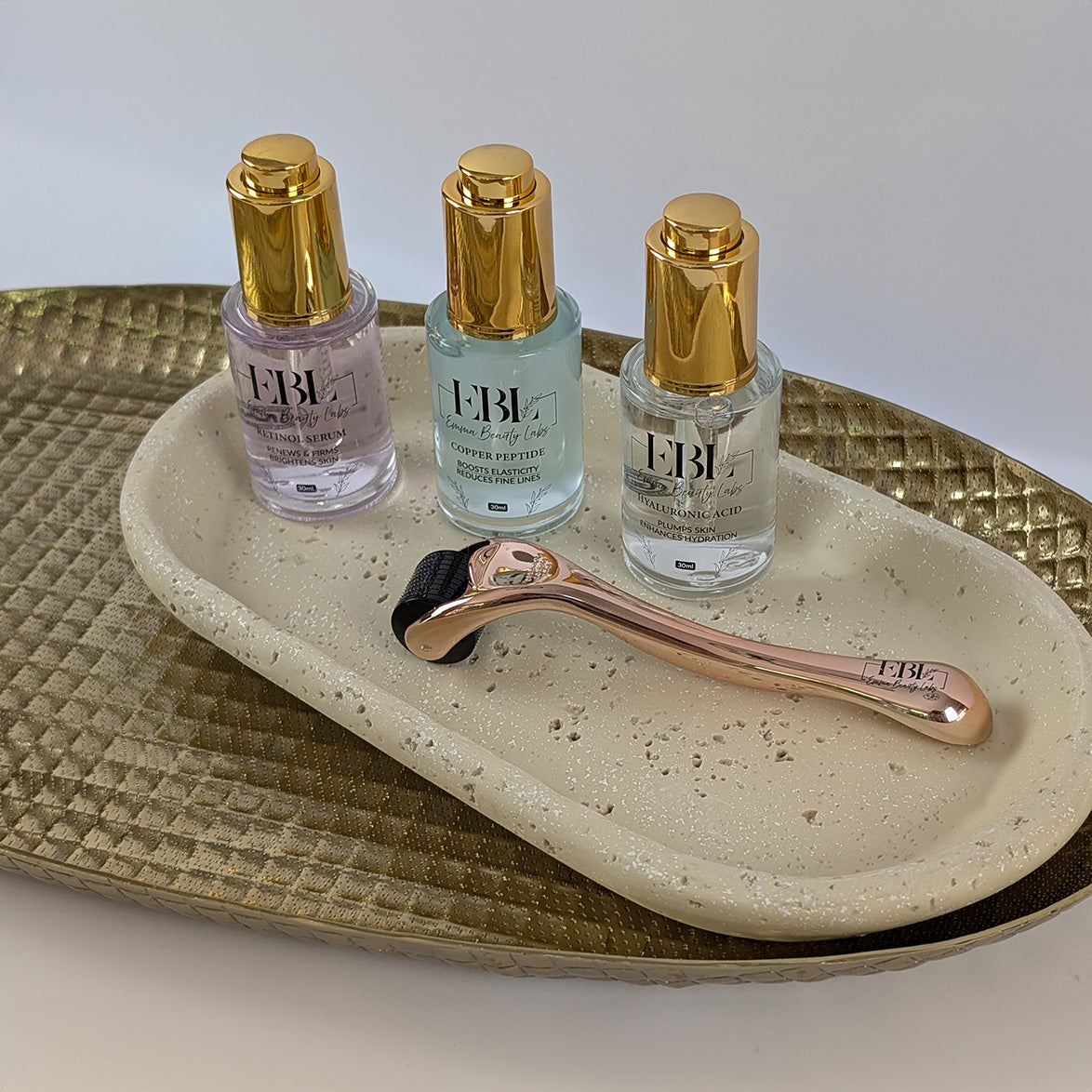 Anti-aging Skincare Bundle includes Retinol serum, Copper Peptide, Hyaluronic Acid, Microneedle dermaroller